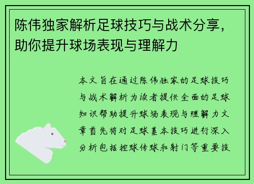 陈伟独家解析足球技巧与战术分享，助你提升球场表现与理解力